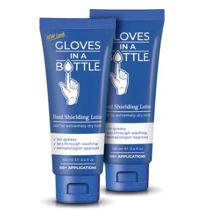 Two tubes of \“Gloves in a Bottle\“ hand shielding lotion are displayed, labeled as non-greasy and suitable for extremely dry hands, each containing 100 ml (3.4 oz).