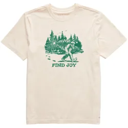 A beige T-shirt features a green graphic of Bigfoot walking in a forest with the text \“FIND JOY\“ below.