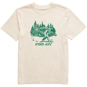 A beige T-shirt features a green graphic of Bigfoot walking in a forest with the text \“FIND JOY\“ below.