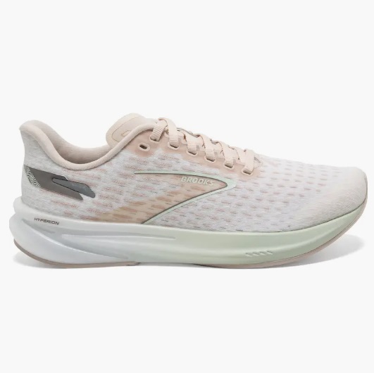 A single light-colored Brooks running shoe with a mesh upper and cushioned sole.