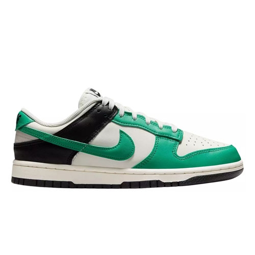 Nike Women's Dunk Low Shoes feature a green and white leather upper with black accents, perforated toe box, and signature side swoosh. They have a low-top design, padded tongue, and rubber outsole for comfort and style.