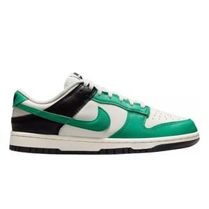 Nike Women's Dunk Low Shoes feature a green and white leather upper with black accents, perforated toe box, and signature side swoosh. They have a low-top design, padded tongue, and rubber outsole for comfort and style.