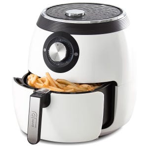 Dash Deluxe Electric Air Fryer, white with black accents, features a dial control for time settings and a pull-out basket filled with fries.