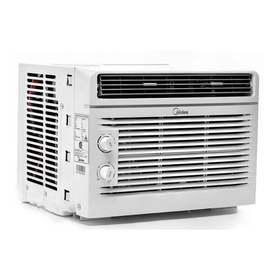 5,000 BTU window air conditioner with a sleek white design, featuring two control dials for adjusting temperature and fan speed, and horizontal front vents for airflow distribution.