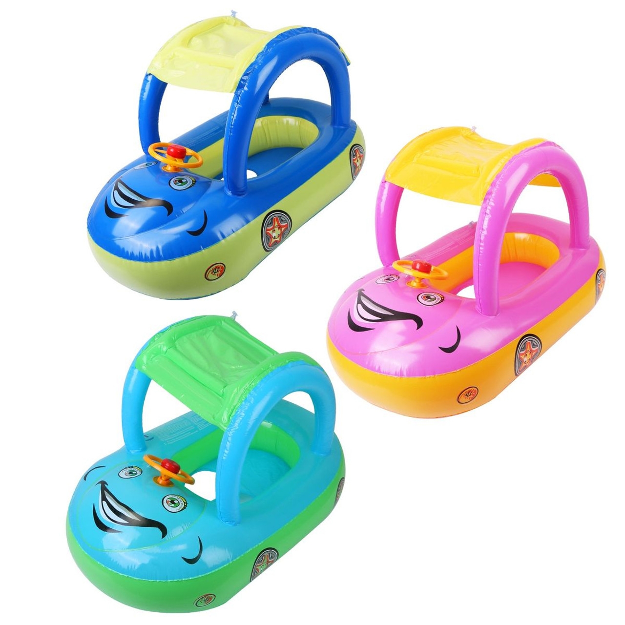 Three colorful baby inflatable car-shaped pool floats with smiling faces, steering wheels, and sun canopies are shown. They come in combinations of blue and green, pink and yellow, and light blue and green.