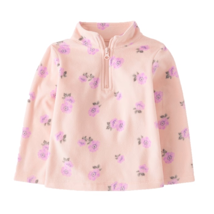 A peach-colored fleece pullover with a high collar and quarter-zip, featuring a floral pattern of purple flowers and green leaves.