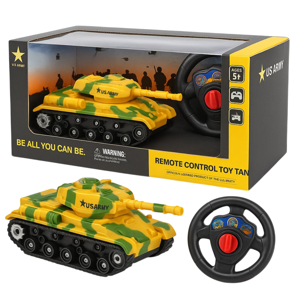 Remote control toy tank with a yellow and green camouflage design, branded \“US Army,\“ comes with a circular black remote. Packaging indicates it's suitable for ages 5 and up.