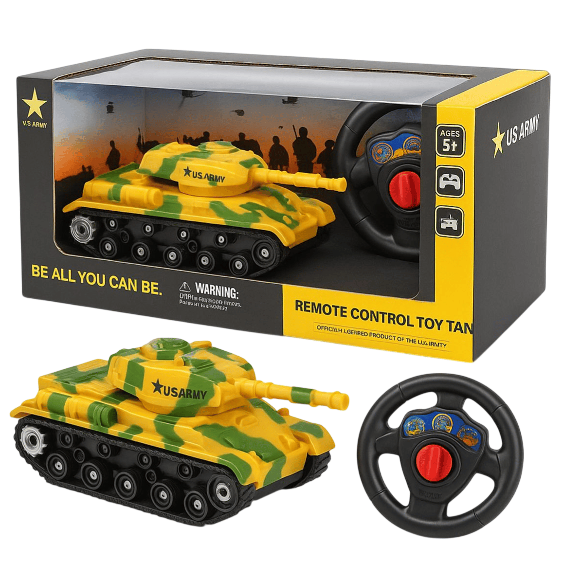 Remote control toy tank with a yellow and green camouflage design, branded \“US Army,\“ comes with a circular black remote. Packaging indicates it's suitable for ages 5 and up.