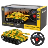 Remote control toy tank with a yellow and green camouflage design, branded \“US Army,\“ comes with a circular black remote. Packaging indicates it's suitable for ages 5 and up.