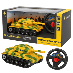 Remote control toy tank with a yellow and green camouflage design, branded \“US Army,\“ comes with a circular black remote. Packaging indicates it's suitable for ages 5 and up.