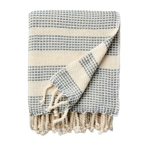 A woven throw featuring a pattern of blue and cream stripes with a textured weave and tasseled edges.