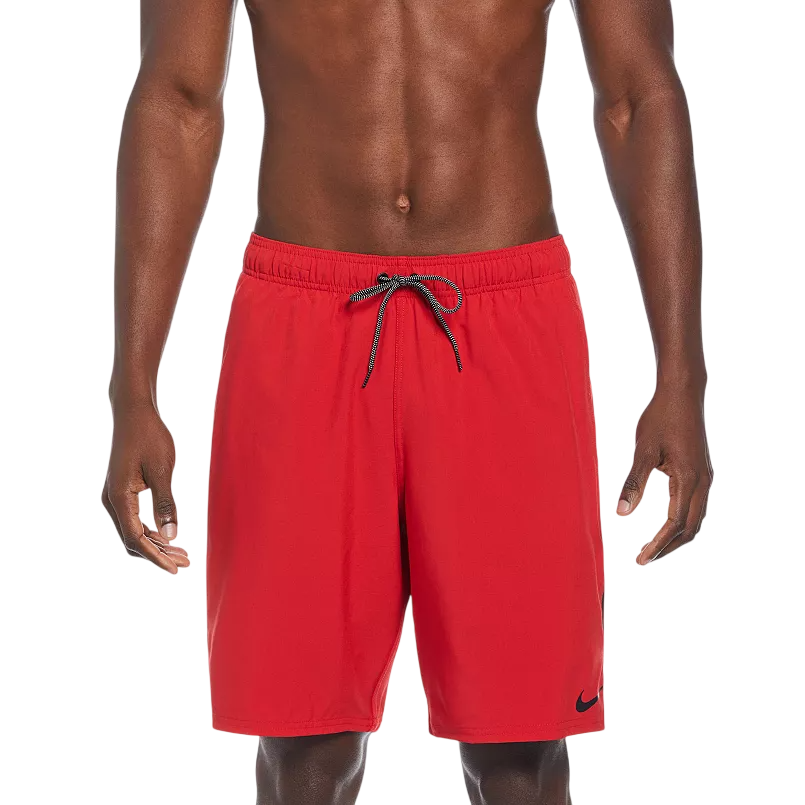 Red men's swim trunks with an elastic waistband and drawstring, featuring a small black Nike logo on the lower left leg.