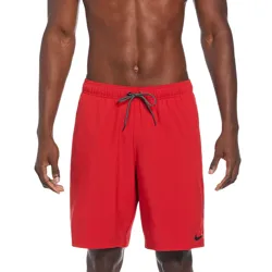 Red men's swim trunks with an elastic waistband and drawstring, featuring a small black Nike logo on the lower left leg.