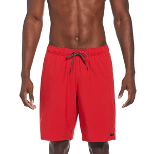 Red men's swim trunks with an elastic waistband and drawstring, featuring a small black Nike logo on the lower left leg.