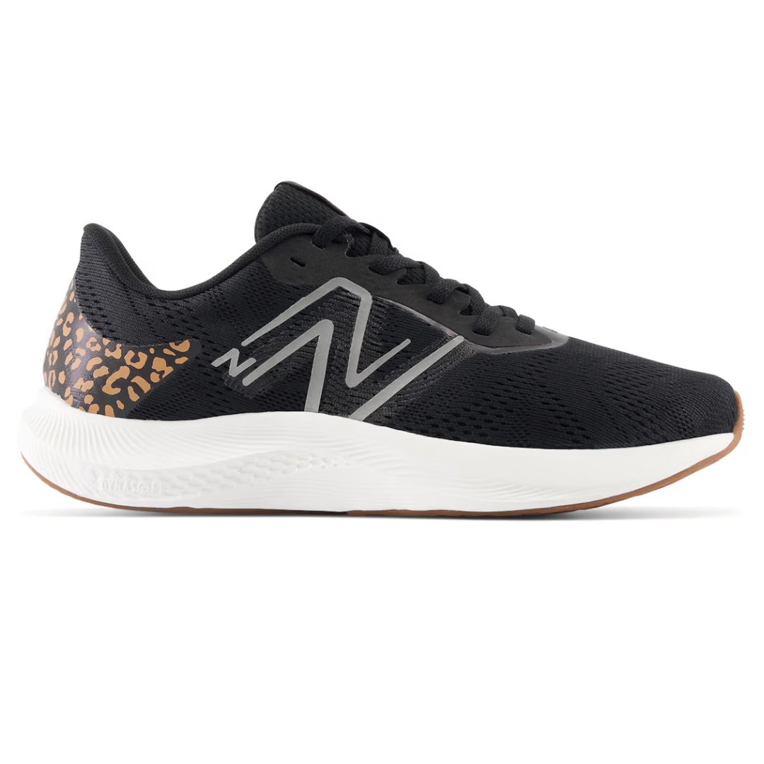 Black running shoe with white sole and leopard print detailing.