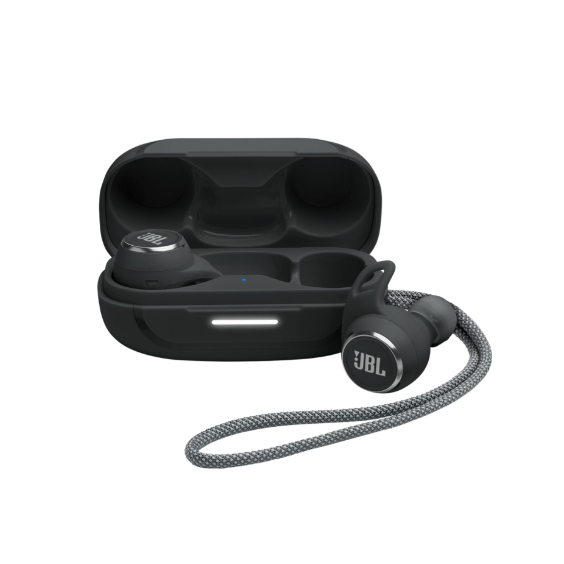 JBL Reflect Aero Earbuds feature a compact charging case, with one earbud inside the case and the other outside, equipped with a lanyard. They are designed for convenience and portability.