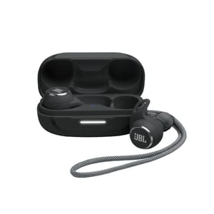 JBL Reflect Aero Earbuds feature a compact charging case, with one earbud inside the case and the other outside, equipped with a lanyard. They are designed for convenience and portability.