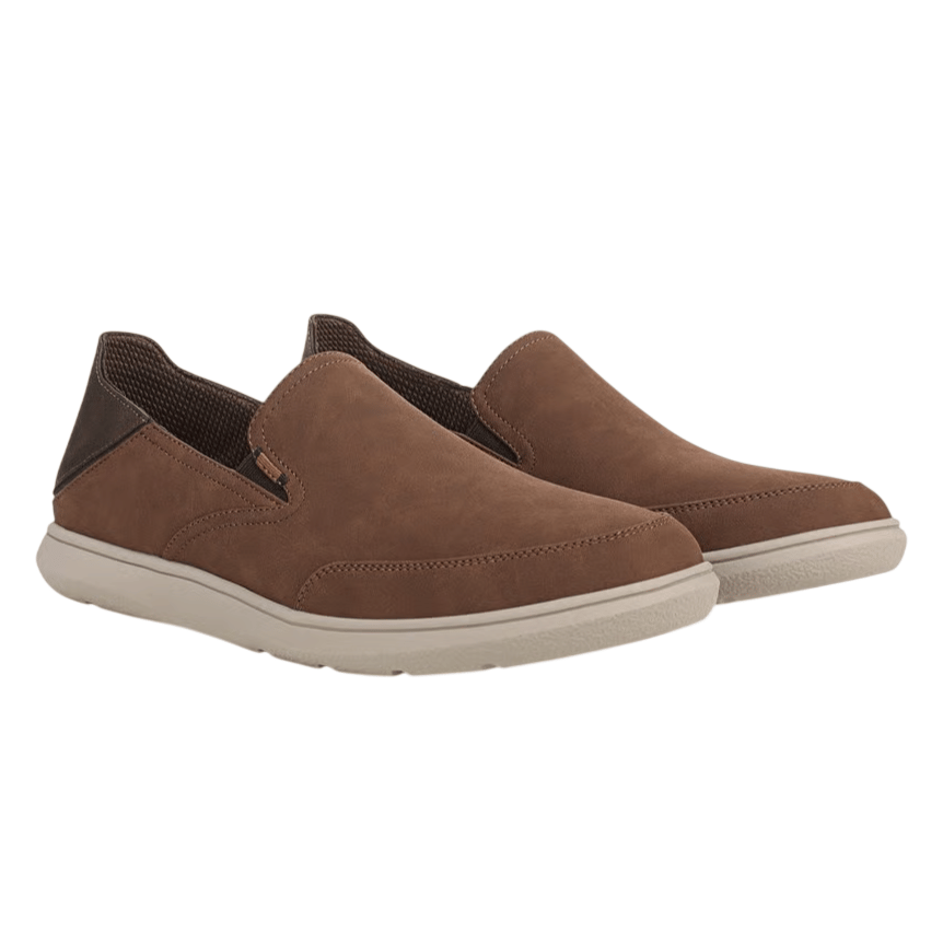 A pair of brown slip-on casual shoes with textured detailing and a light-colored sole, suitable for everyday wear.