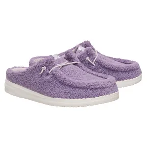 Pair of slip-on purple fleece slippers with white rubber soles and lace detailing.