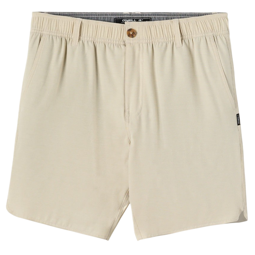 Beige men's shorts with an elastic waistband, button closure, and side pockets, featuring a small brand tag on the side seam.