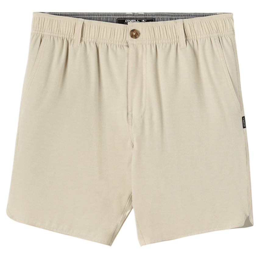 Beige men's shorts with an elastic waistband, button closure, and side pockets, featuring a small brand tag on the side seam.