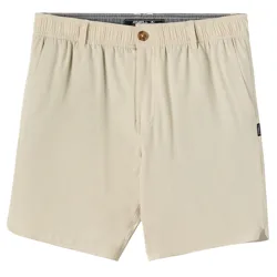 Beige men's shorts with an elastic waistband, button closure, and side pockets, featuring a small brand tag on the side seam.