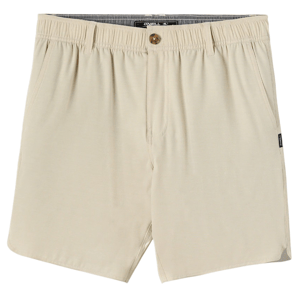 Beige men's shorts with an elastic waistband, button closure, and side pockets, featuring a small brand tag on the side seam.