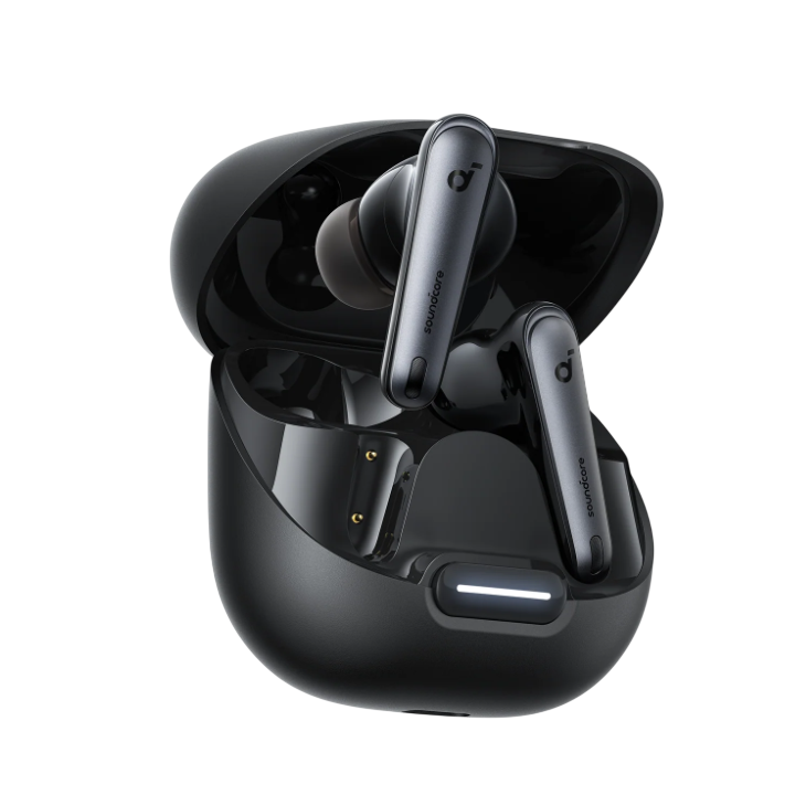 Wireless earbuds with stems housed in a sleek charging case, featuring a brand logo on each earbud.