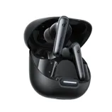 Wireless earbuds with stems housed in a sleek charging case, featuring a brand logo on each earbud.