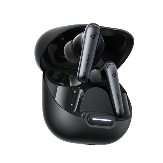 Wireless earbuds with stems housed in a sleek charging case, featuring a brand logo on each earbud.