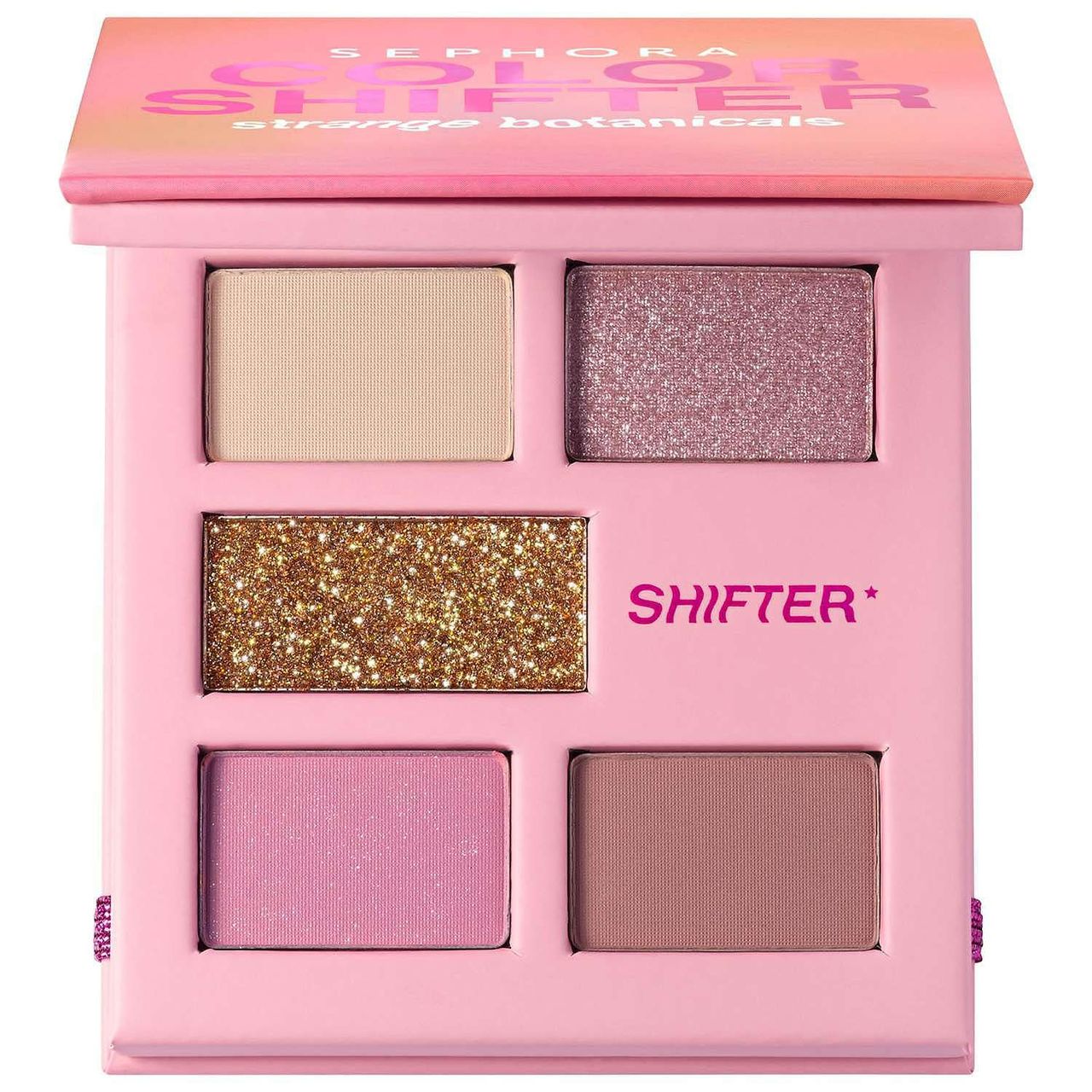 Sephora Mini Color Shifter Palette features five eyeshadow shades: a matte beige, shimmering rose, glittery gold, matte pink, and matte brown, housed in a pink compact.
