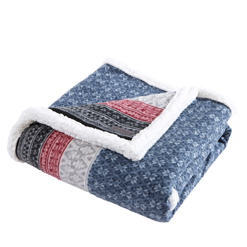 A soft, folded throw blanket with a Fair Isle pattern in shades of blue, red, and black, featuring a cozy white Sherpa lining.