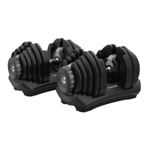 Adjustable dumbbells on stands with a dial system for weight selection.