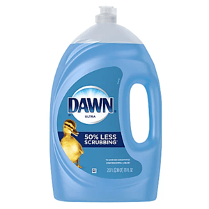 Dawn Ultra dishwashing liquid, featuring a duckling image, promises 50% less scrubbing and comes in a 70 fl oz (2.07L) bottle.