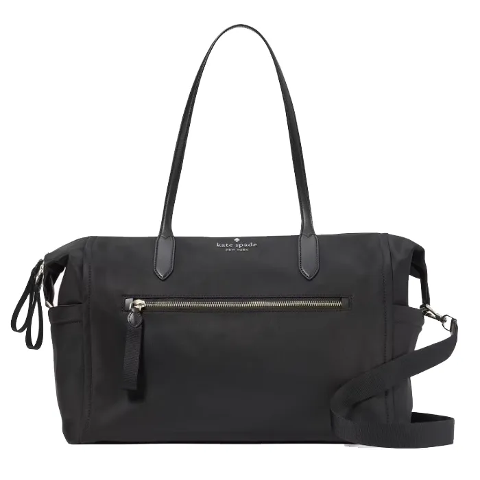 A black Kate Spade New York tote bag featuring dual top handles, a front zip pocket, and an optional shoulder strap.