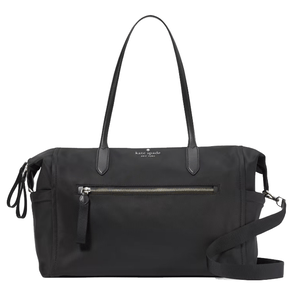 A black Kate Spade New York tote bag featuring dual top handles, a front zip pocket, and an optional shoulder strap.