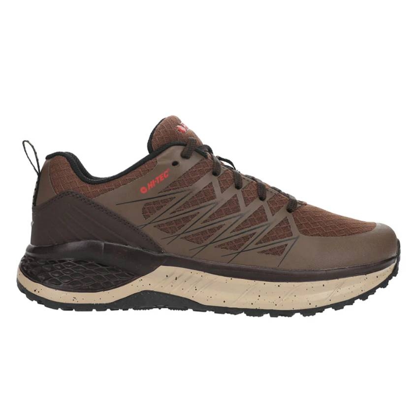 Brown and black trail running shoe with speckled beige midsole, featuring lace-up design, durable synthetic upper, and textured outsole for traction. The shoe has a pull tab at the heel and the Hi-Tec logo on the side.