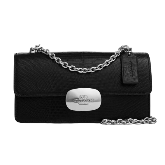 Black Coach Outlet Eliza Leather Crossbody featuring a textured leather surface, silver-tone chain strap, and a prominent silver clasp with Coach branding.