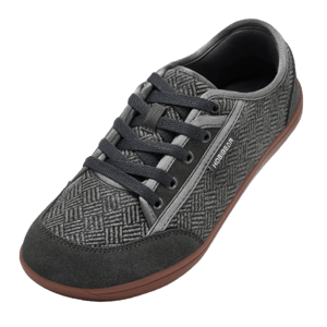 A casual lace-up shoe with a geometric patterned fabric, dark grey suede accents, and a brown rubber sole.