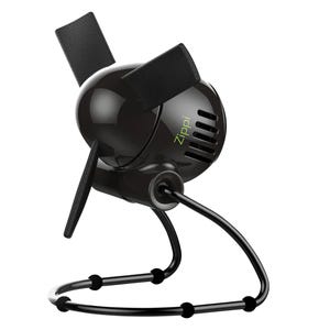 The Vornado Zippi Personal Fan features soft cloth blades and a glossy black finish with a compact design and a flexible base for easy positioning, ideal for personal use on desktops.