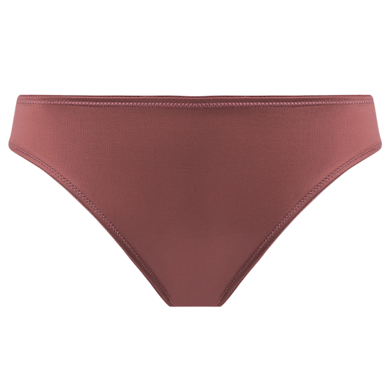 A pair of maroon bikini bottoms featuring a smooth fabric with zigzag stitching along the waistband and leg openings.