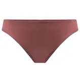 A pair of maroon bikini bottoms featuring a smooth fabric with zigzag stitching along the waistband and leg openings.