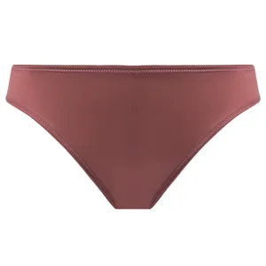 A pair of maroon bikini bottoms featuring a smooth fabric with zigzag stitching along the waistband and leg openings.