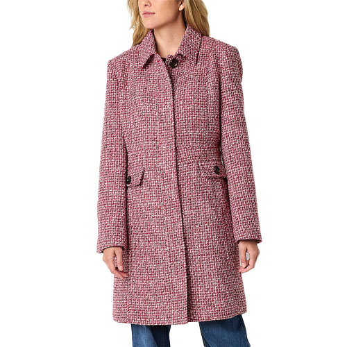 A pink and white tweed Liz Claiborne car coat features a collared neck, button closure, and two buttoned side pockets, offering a classic and structured design.