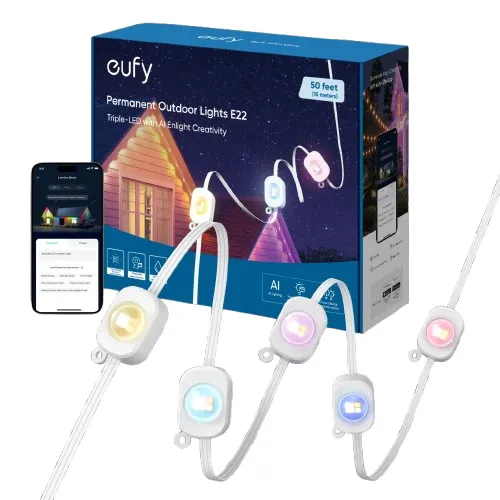 Eufy Permanent Outdoor Lights E22 features a 50-foot string with triple-LED lights, offering customizable lighting controlled via a smartphone app. It's designed for outdoor use, providing colorful and creative lighting solutions.