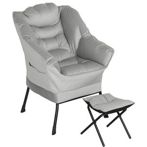 A grey padded chair with armrests and a matching foldable footstool, both featuring black legs.