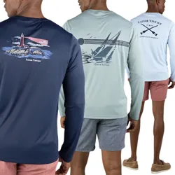 Three men's long-sleeve shirts are displayed, each featuring different nautical-themed designs on the back, paired with shorts in various colors.