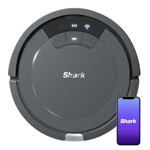 Shark robotic vacuum cleaner with WiFi connectivity, shown alongside a smartphone displaying the Shark app.