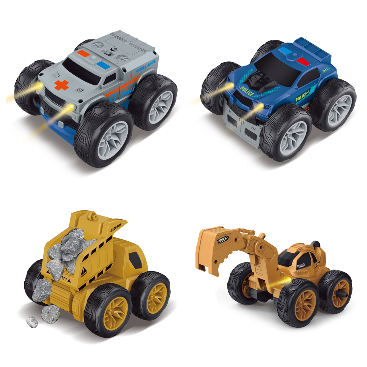 Four toy vehicles are shown: a gray ambulance, a blue police car, a yellow dump truck with rocks, and a yellow excavator with a scoop.