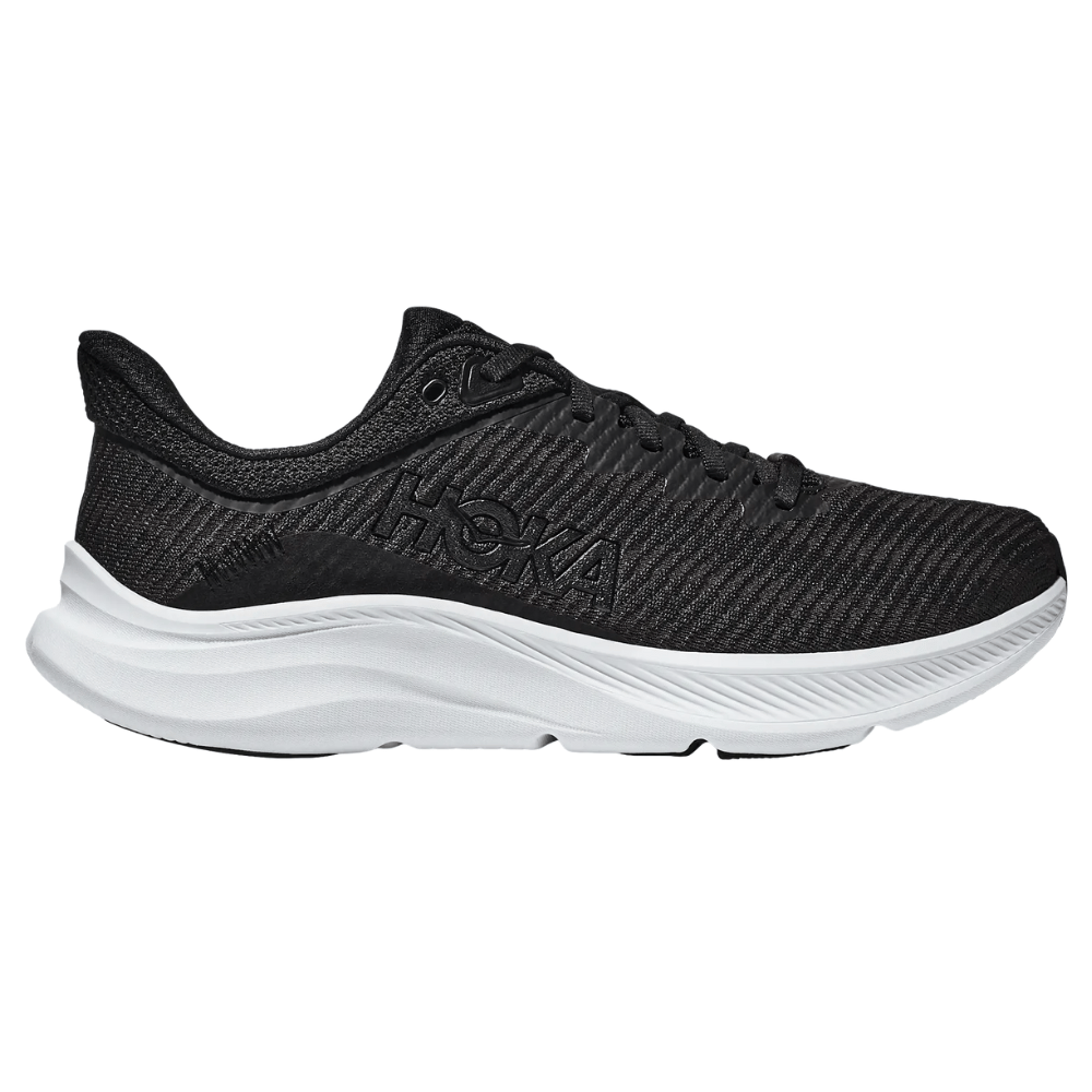Black HOKA running shoe with a woven upper and white cushioned sole, designed for comfort and performance.